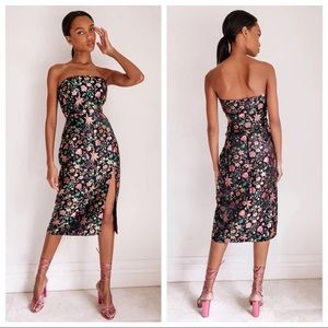 Lulus Make a Move Black Satin Floral Jacquard Strapless Midi Dress